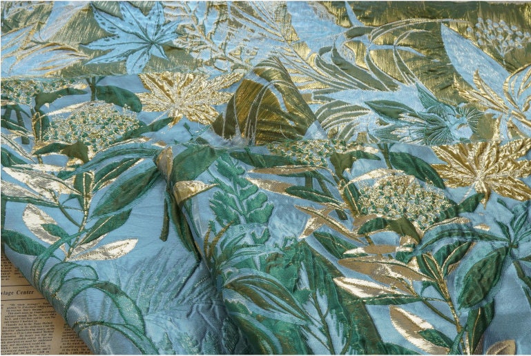 Gold Thread Jacquard Fabric: 3D Floral Designer Fabric