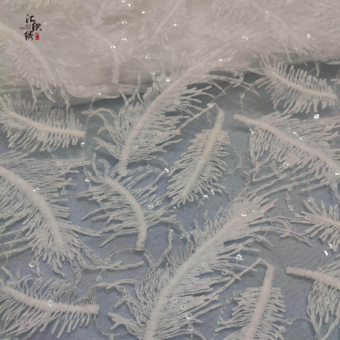 Feather Embroidery Lace Fabric: 3D Sequin Floral Applique, 50"W