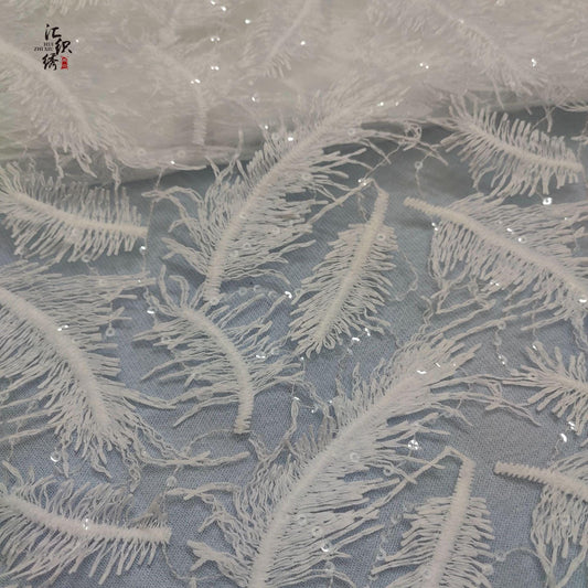 Feather Embroidery Lace Fabric: 3D Sequin Floral Applique, 50"W