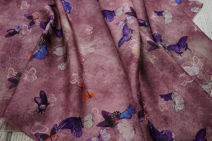 Butterfly Flower Tea Silk Satin Fabric: Digital Print, 55" Wide