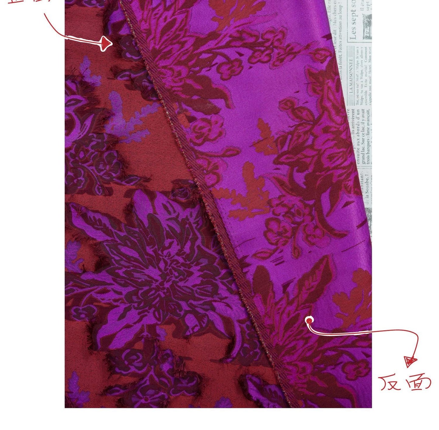 Red & Purple Floral Jacquard Fabric ��� Textured Woven Materi" Wide