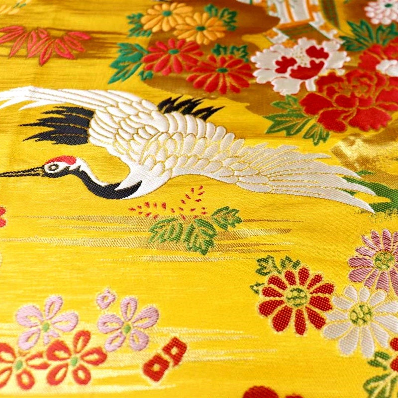 Crane Jacquard Satin Fabric: Birds Pattern Brocade, Costume Decor