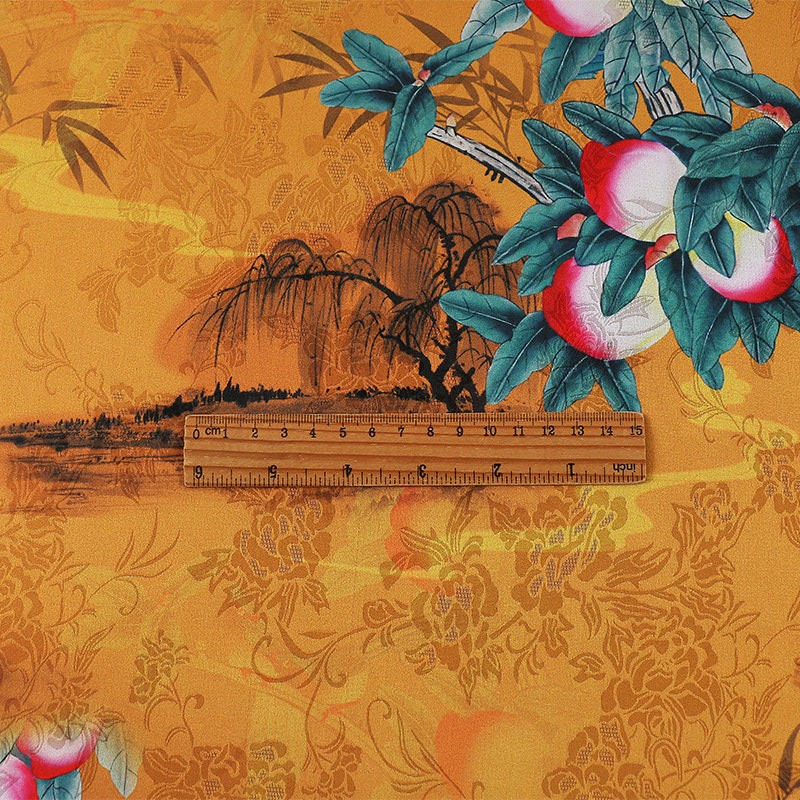 Peach Teal Tea Silk Satin Fabric: Floral Print, 59" Wide