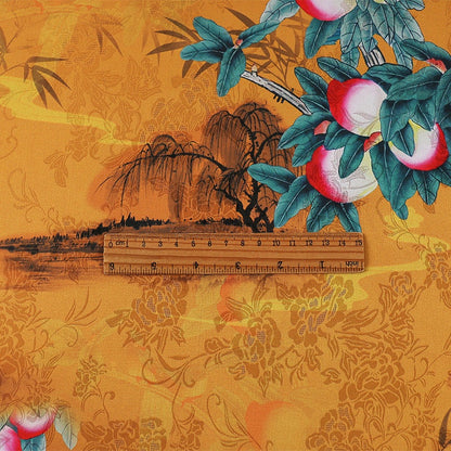 Peach Teal Tea Silk Satin Fabric: Floral Print, 59" Wide