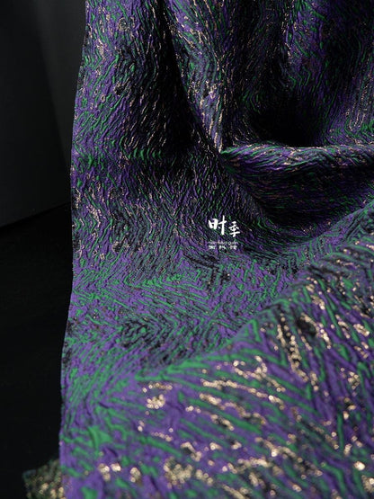 Gold Thread Jacquard Fabric: Green & Purple 3D Designer Fabric - 55"W