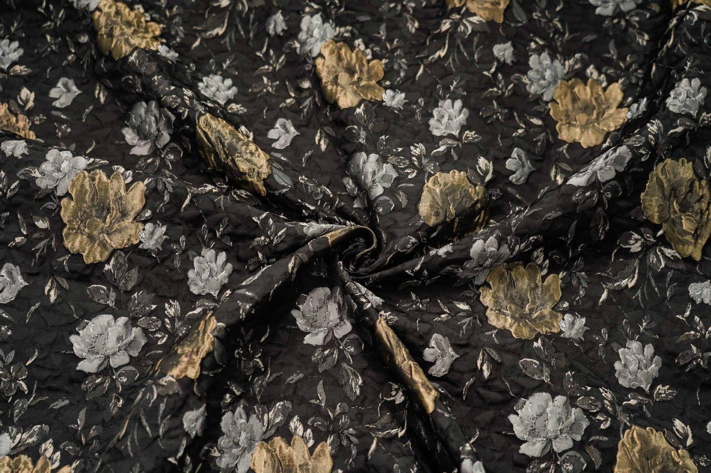 Black Floral Jacquard Fabric: Vintage 3D Designer Material, 65" Wide