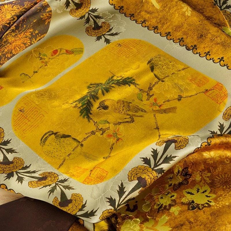 Ancient Dunhuang Tea Silk Satin Fabric: Floral Print, 59" Wide