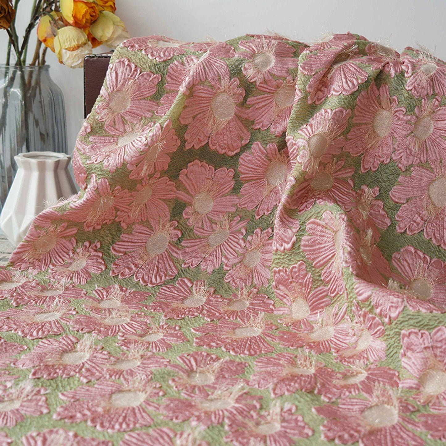 Gold Thread Jacquard Fabric: 3D Embossed Floral Woven Material, 55"W
