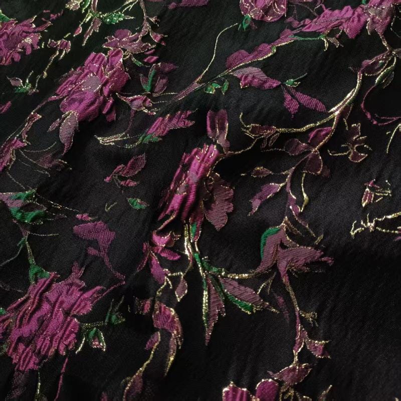 Black Jacquard Fabric: 3D Purple Rose & Gold Foil - 55"W Upholstery