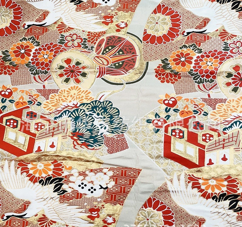 Japanese Crane Jacquard Satin Fabric: Birds & Floral Upholstery, Costume Sewing