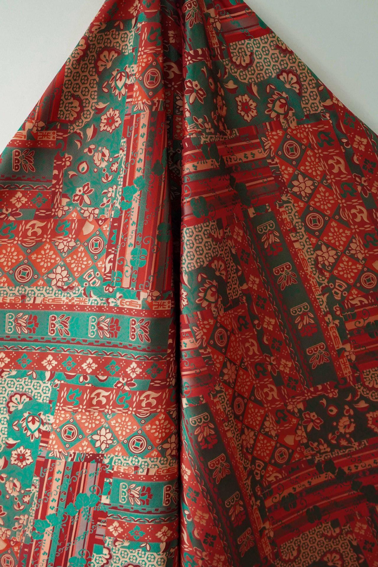 64"W Teal Jacquard Brocade Fabric ��� Longevity Peony Flower, High-Density Satin, Traditional Asian Textile for Quilting, Costumes, Home