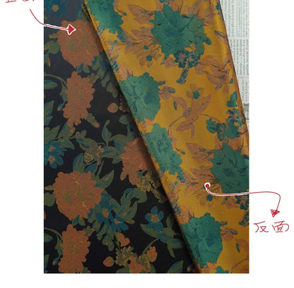Orange Floral Woven Fabric, Black Polyester Blend, 62" Wide