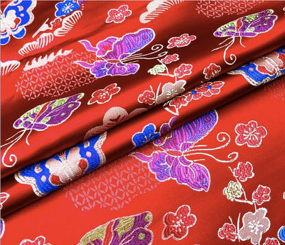 Tissu brocart papillon : jacquard satin rouge, tissu pour robes d'enfants