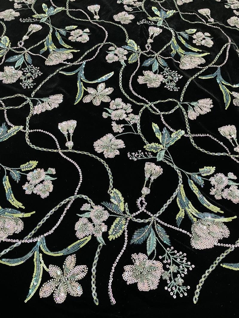 Beaded Floral Velvet Fabric: 43"W Embroidery Designer Material