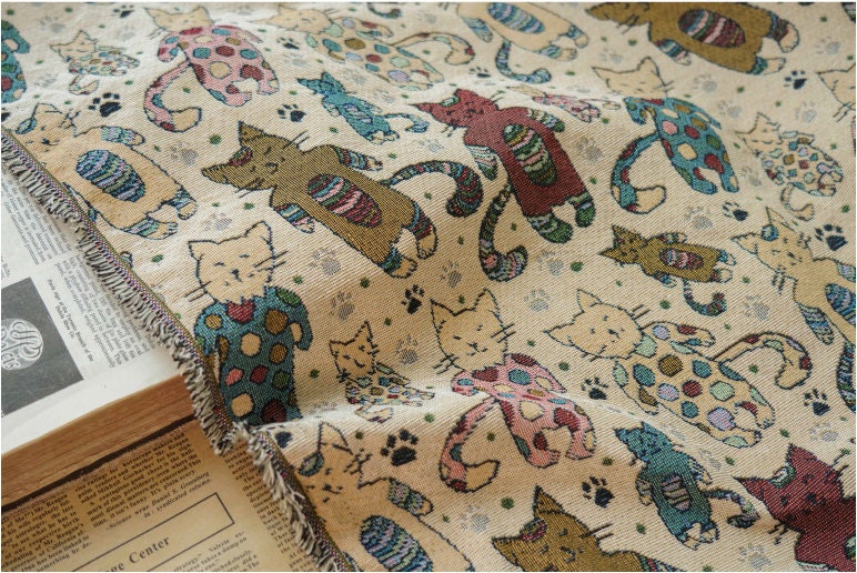 Cat Zoo Jacquard Fabric: Autumn Winter Upholstery, Sewing Material (59"W By 1 Meter)
