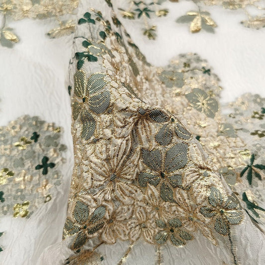 Floral Organza Jacquard Fabric: Gold Thread, 54" Wide, By The Yard