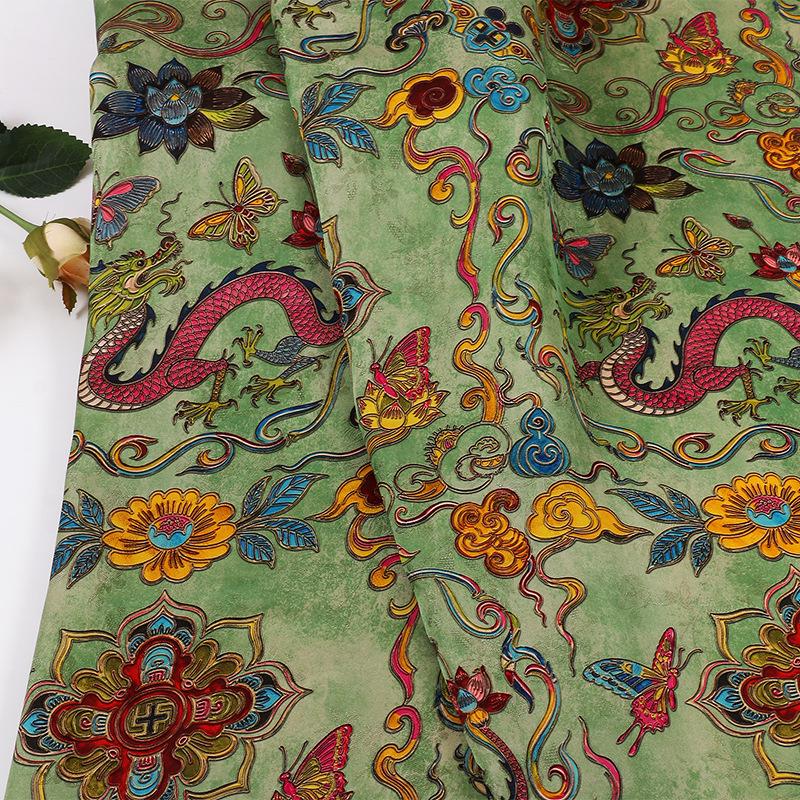 Floral Dragon Print Rayon Fabric - Gambiered Canton Gauze 59"
