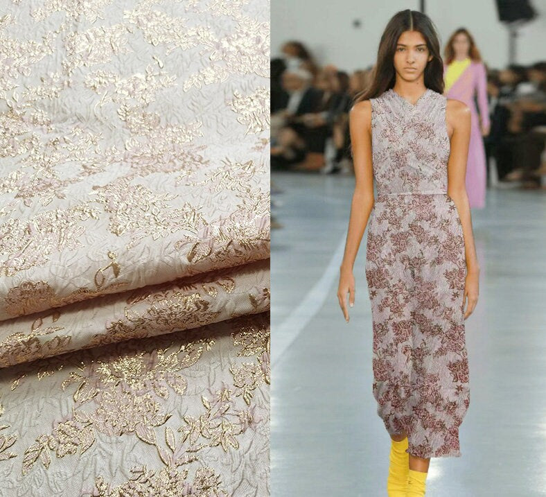 Gold Thread Floral Jacquard Fabric: 3D Texture Designer Sewing Material