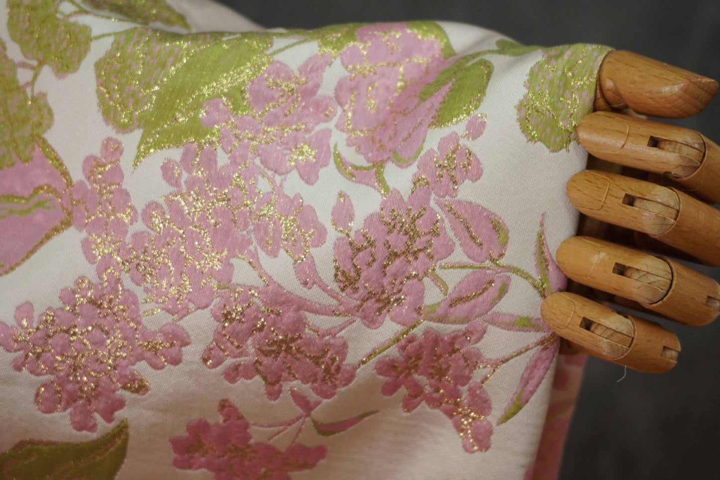 Pink Floral Jacquard Brocade Fabric with Gold Thread, 58" Wide