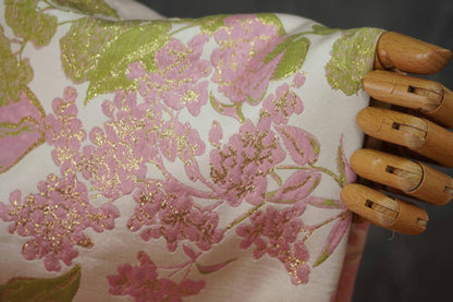 Pink Floral Jacquard Brocade Fabric with Gold Thread, 58" Wide
