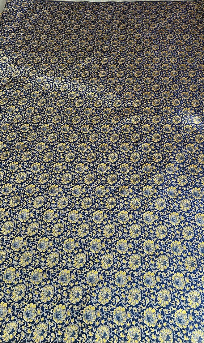 Tissu brocart pivoine : mélange de rayonne bleue et jaune, 140 cm de large