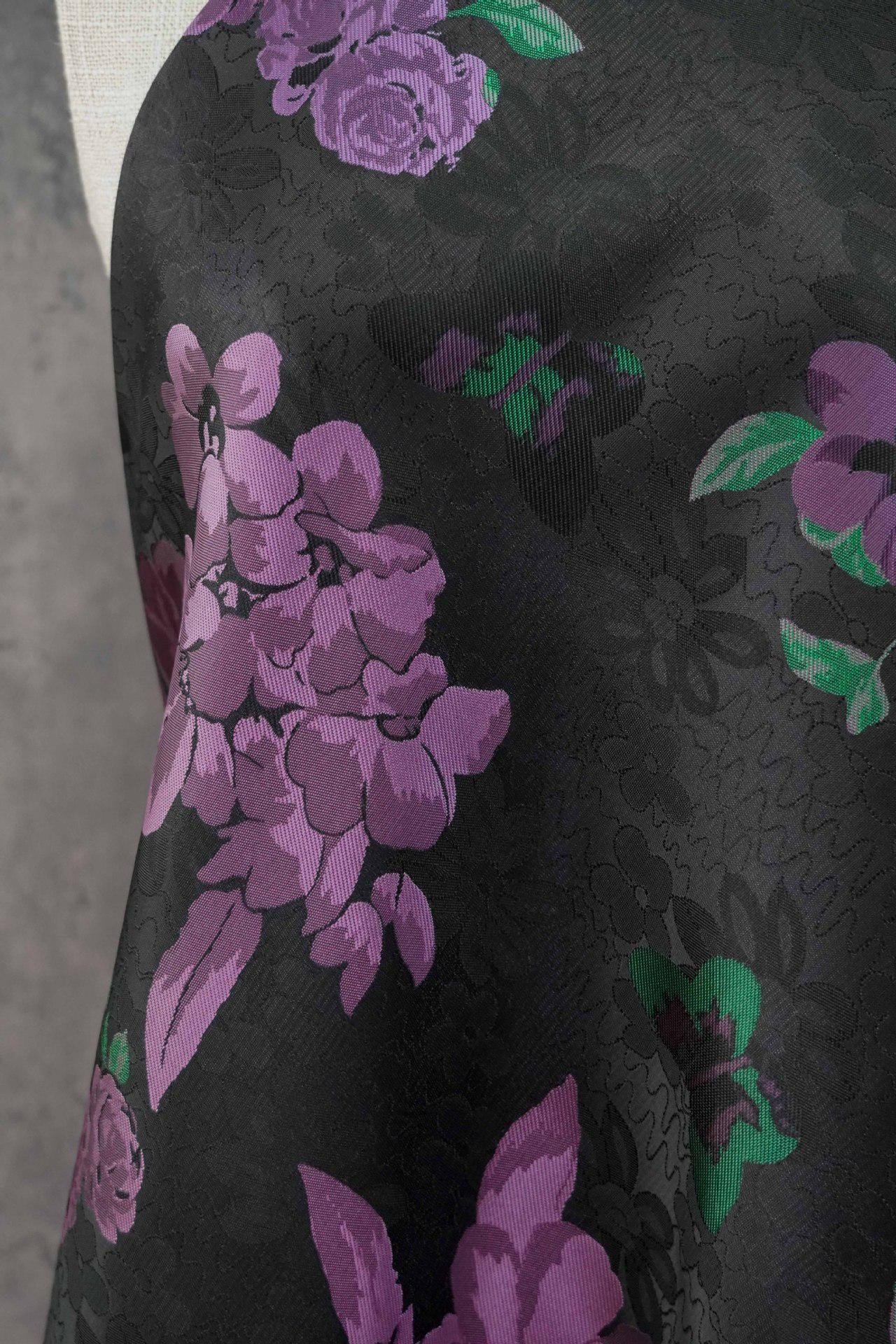 Black Jacquard Qipao Fabric with Purple Floral Pattern ��� Chinese Brocade Upholstery, Quilting, Cheongsam Sewing Fabr"Wide