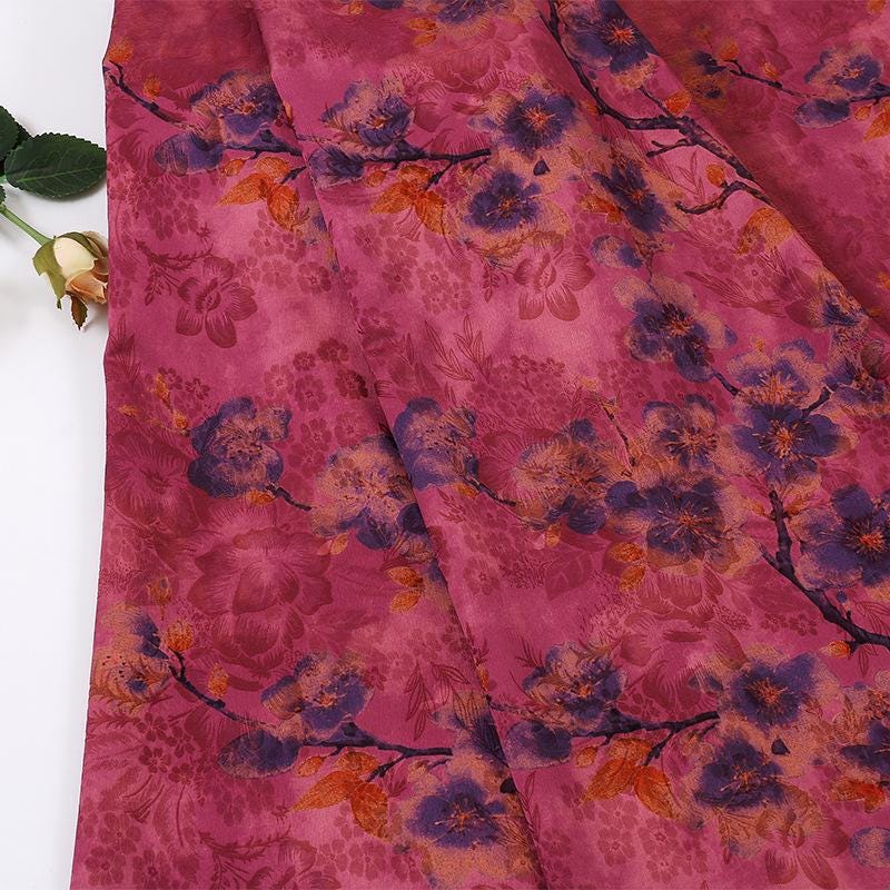 Red Cloud Gauze Fabric with Ink-Dyed Peony Blossom Print, 59"Wide