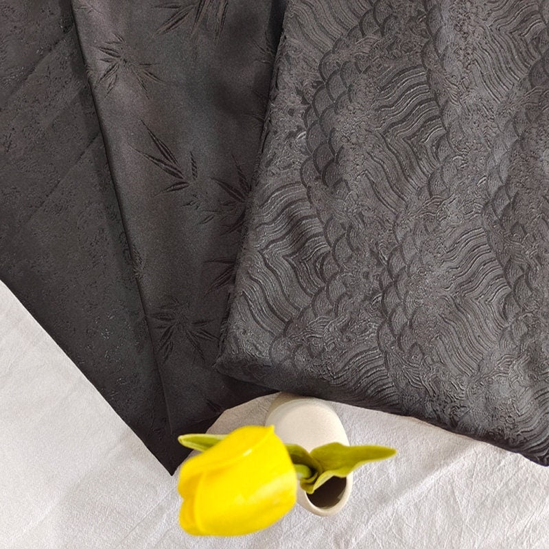 Dark Black Silk Rayon Brocade Jacquard Fabric - 29.5"W - By The Meter