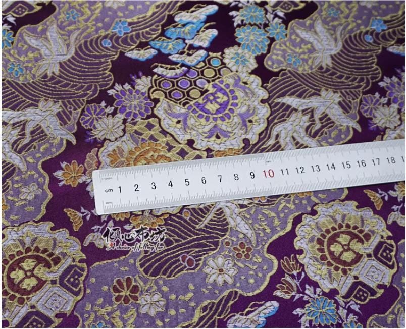 Nishijin Crane Kinran Fabric: Black Jacquard Silk Brocade Damask