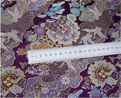Nishijin Crane Kinran Fabric: Black Jacquard Silk Brocade Damask