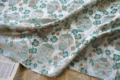 Jacquard Brocade Fabric: Chinese Floral Vase Design, 65" Wide