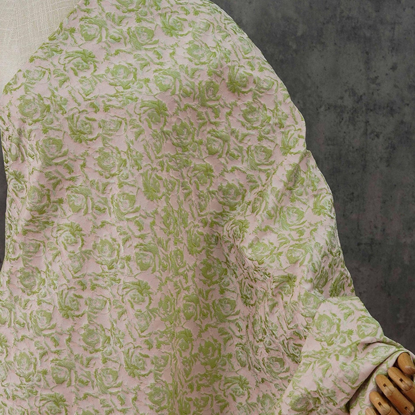 Floral Jacquard Woven Fabric: Green, Pink & Gold Reversible Upholstery - 60"W