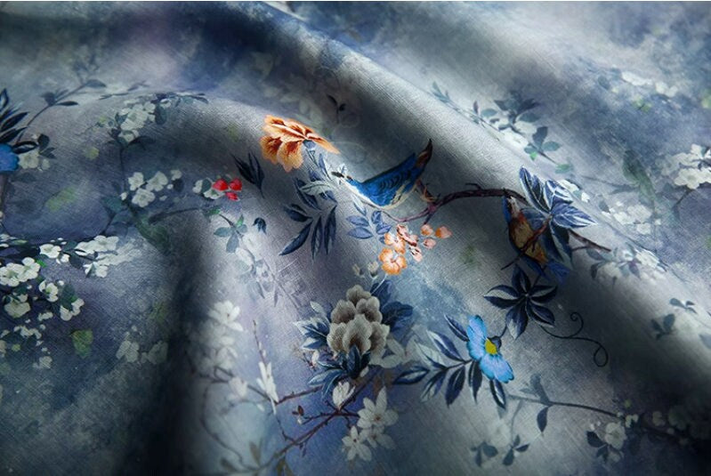 Floral Bird Print Ramie Fabric: Sustainable Apparel & Home Decor, 55"W