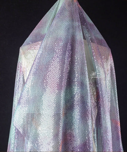 Lilac Green Sequin Mesh Fabric, Embroidered Scale Design, 49"W