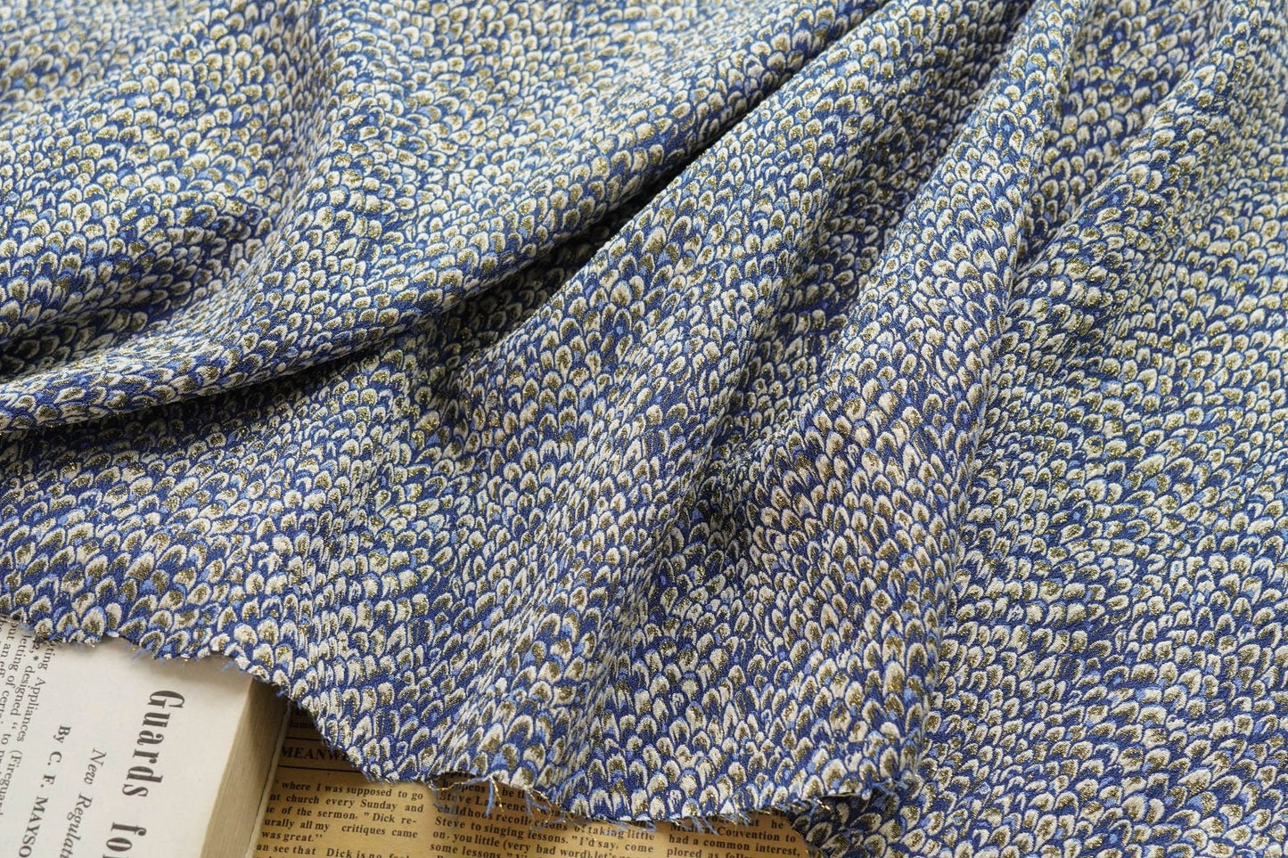 Metallic Damask Jacquard Fabric: 3D Fish Scale Texture, 53" Wide