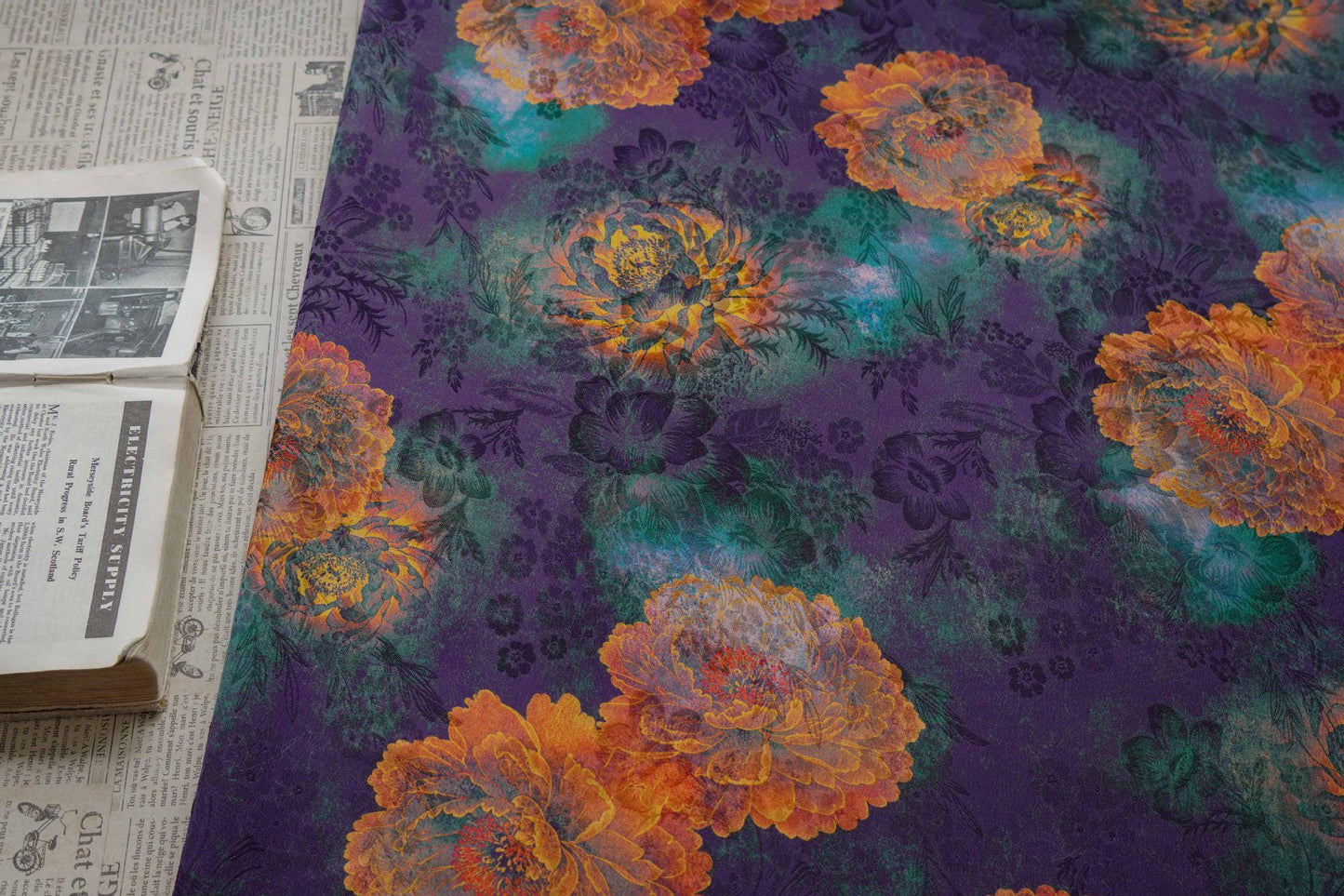 Floral Tea Silk Satin Fabric: Dark Green Upholstery, Costume, Drapery (59"W)