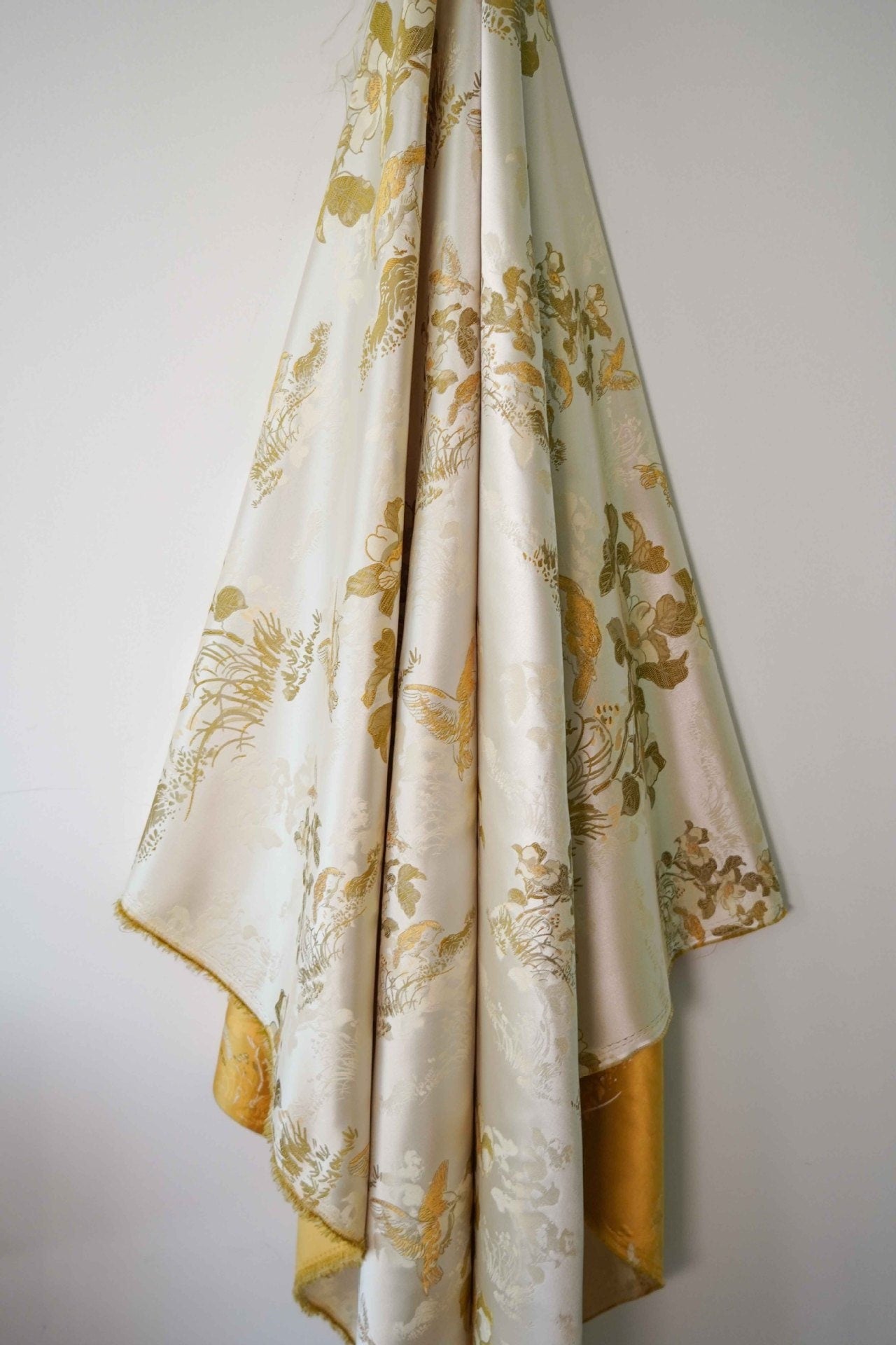 Floral Bird Print Fabric: Gold Thread Woven Polyester, 59" Wide