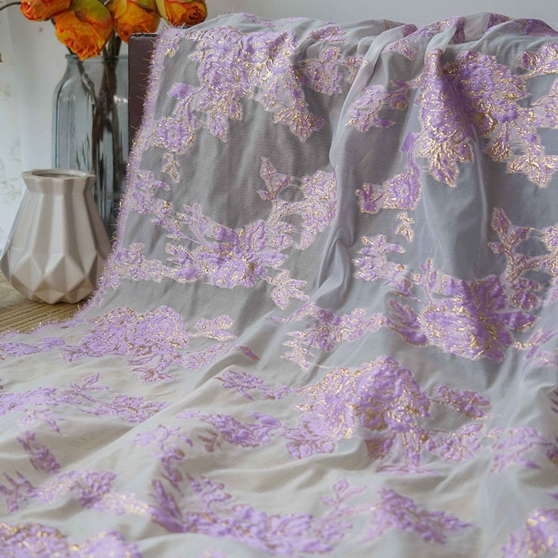 Lilac Flower Jacquard Fabric: 3D Embroidery, Costume & Decor
