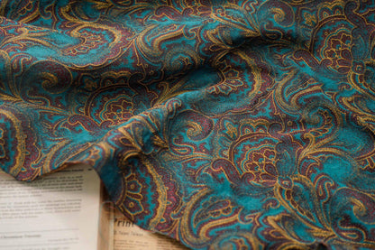 Lurex Jacquard Fabric: Lake Blue Paisley Woven Upholstery, Sewing, Drapery (62"W)