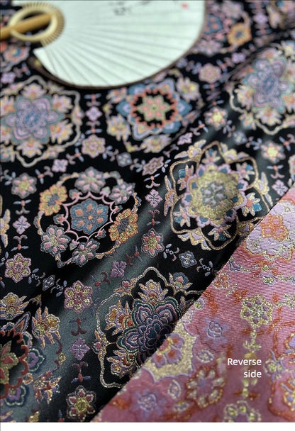 Black Baoxiang Brocade Fabric: 56"W Rayon Blend for Cheongsam, Robes, Decor