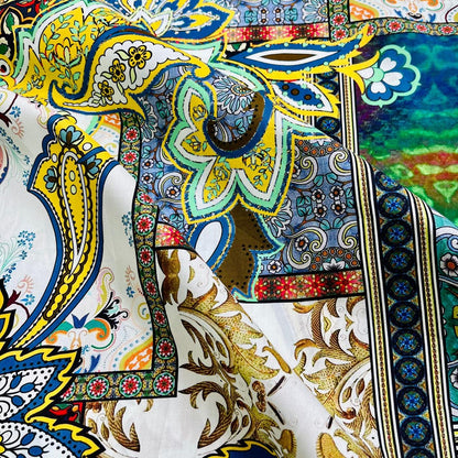 Tissu en coton des années 1960 : imprimé cachemire coloré, 150 cm de large