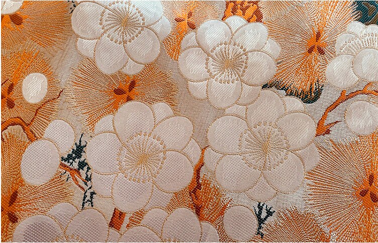 Japanese Nishijin Silk Brocade Fabric: Orange Frangipani Damask (29.5"W)