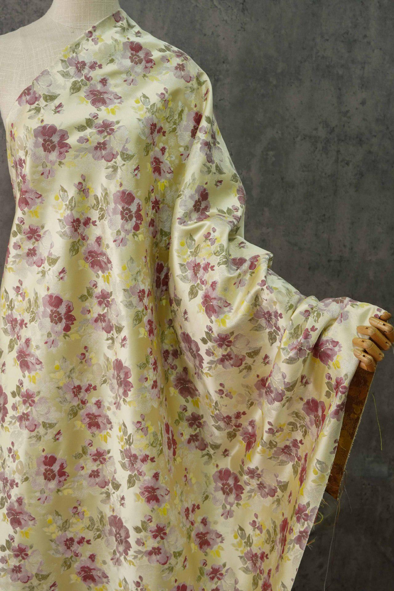 Yellow Jacquard Woven Fabric: 3D Embossed Flower Pattern, 57" Wide