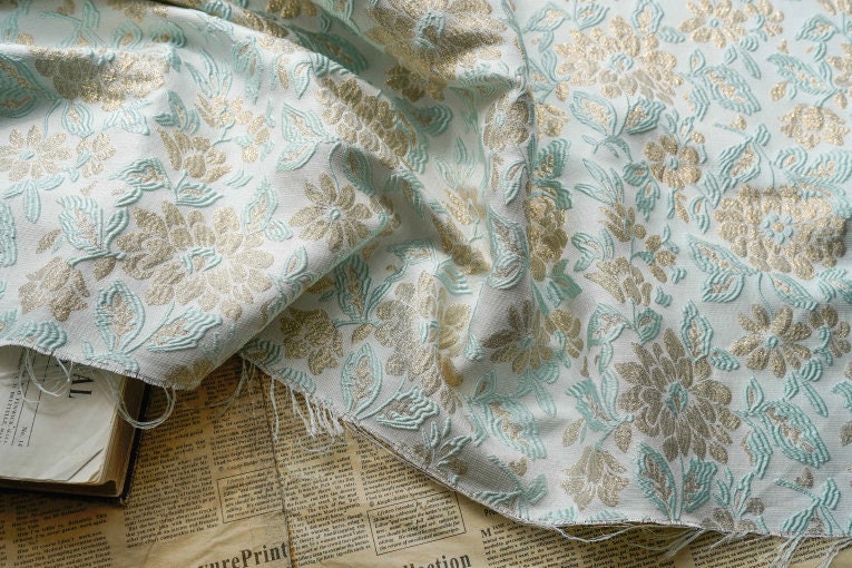 Gold Thread Floral Jacquard Fabric: Mint Green 3D Texture (55" W)