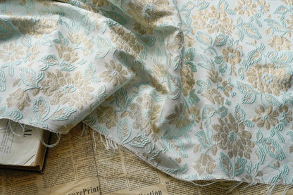 Gold Thread Floral Jacquard Fabric: Mint Green 3D Texture (55" W)