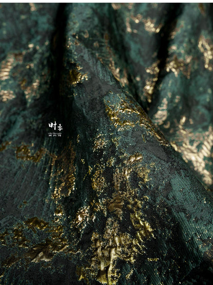 Green & Gold Textured Jacquard Fabric | 3D Embossed Brocade, 55" Wide