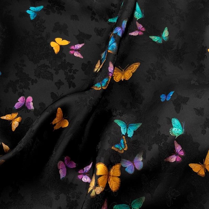 Rayon Shantung Fabric: Black Butterfly Print, Costume, Upholstery, 55"W