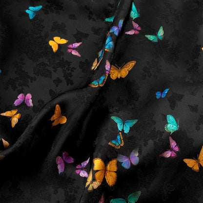 Rayon Shantung Fabric: Black Butterfly Print, Costume, Upholstery, 55"W