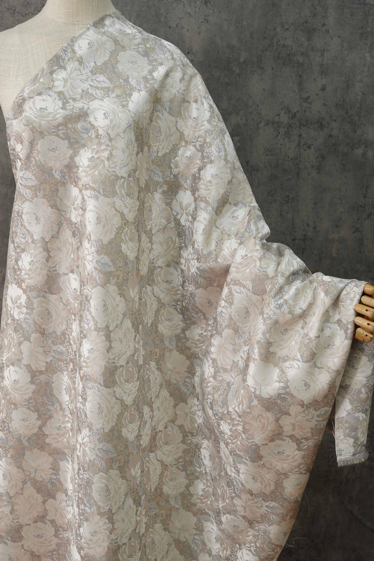 Embroidered Jacquard Fabric: Silver Thread Floral Design, Upholstery & Costume - By the Meter