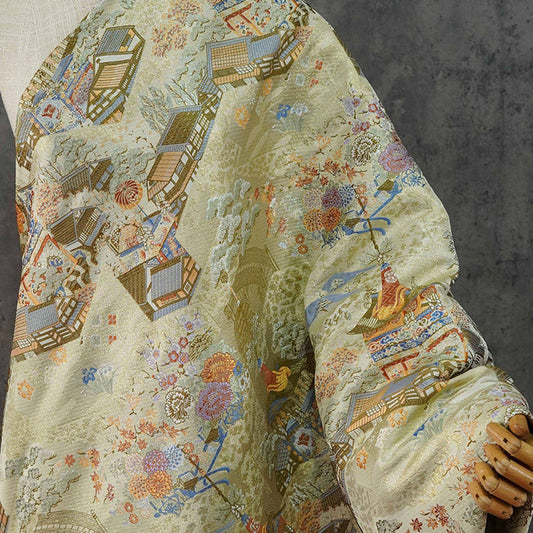 Gold Brocade Fabric ��� 'Pavilion Pagoda' Jacquard, Kimono Hanfu Materi" Wide)